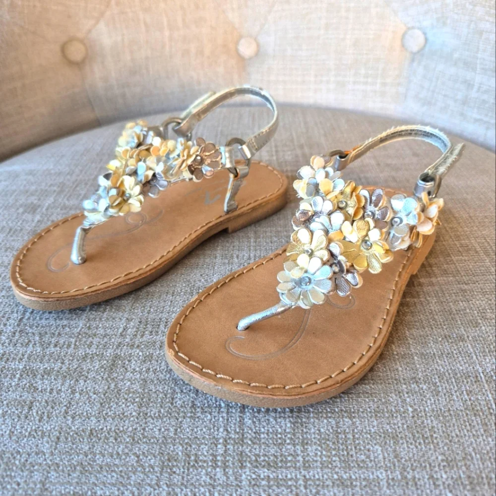 Seven 7 Girl's Shoes Gold & Silver Floral Embellished Slingback Sandals Size 8